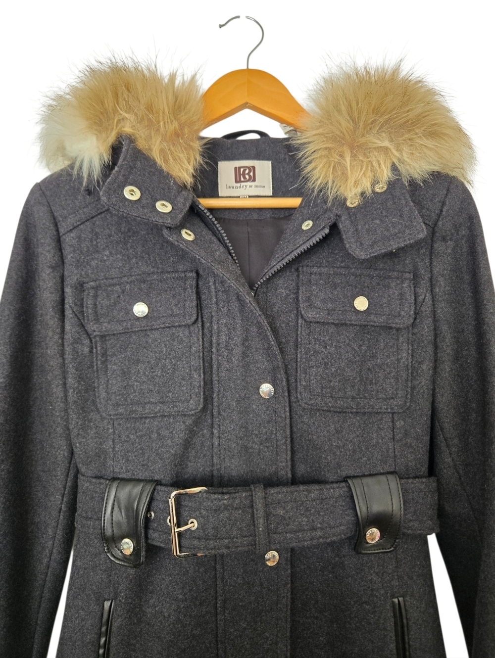 Laundry by Design Wool Blend Coat Faux Fur Hood Belted Gray Womens PM Petite Med - Picture 3 of 5